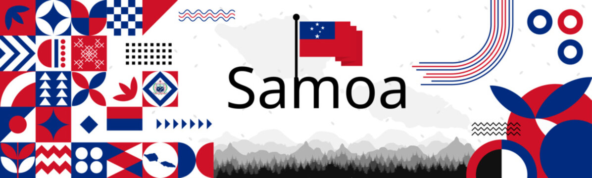 The Samoa Independence Day abstract banner design with flag and map. Flag color theme geometric pattern retro modern Illustration design. Red and blue color template.
