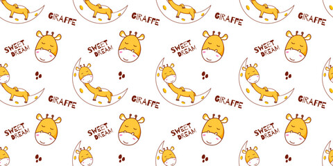 hand drawn giraffe sleeping on the moon cartoon seamless pattern. Cute animal pattern concept design
