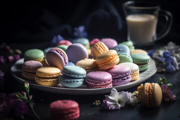 Obraz na płótnie Canvas macaroons on a plate of different flavors and colors. ai generative