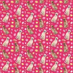 Spring pattern with spirals, leaf, flowers, labrador retriever dogs. Pastel colors. Elegant, soft seamless background, abstract summer pattern with hand-drawn colorful shapes. Delicate, gender-neutral