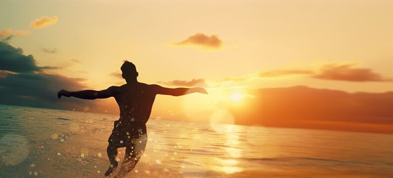 A happy young man jumping into the tropical sea at sunset as an image of a happy life on a journey. Sunset over tropical beach and splashing water drops. Summer vacation concept. Generative AI