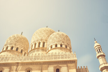 Fototapeta na wymiar Domes and minarets of mosque low angle view