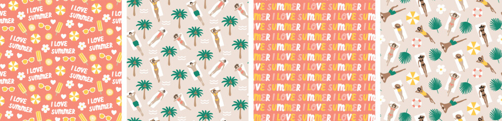 I love Summer beach holiday seamless repeat pattern. Digital printable paper. People sunbathing.