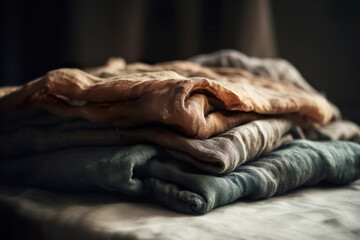 Hand-dyed raw linen fabric in earthy tones. Generative AI.