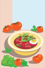 Vector drawing of tomato soup. Deep plate with tomato soup, herbs, tomatoes, cut egg in soft pastel colors. the ability to change the background to white.
