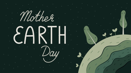 International world holiday Mother Earth Day. Vector banner with green planet with trees and plants in paper cut style. The concept of environment and nature protection