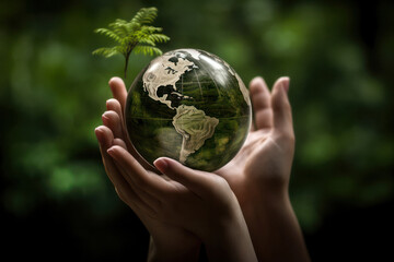 Hand Holding Ecosystem Globe on Lush Green Background