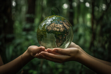 Hand Holding Ecosystem Globe on Lush Green Background