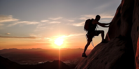 A sweeping view of a daring climber scaling a rocky mountain face is captured in this stunning image - generative ai.