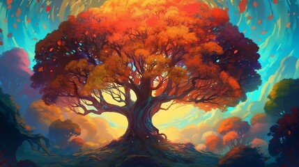 Fototapeta na wymiar Landscape with tree and sun, oil painting, Created using generative AI