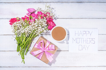 Mothers day gift and flowers background