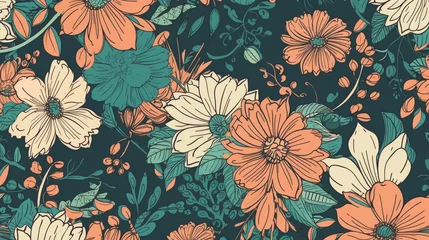 Foto op Plexiglas seamless pattern with flowers in blue and orange tones, generated by AI © MYKHAILO KUSHEI