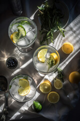 Fototapeta na wymiar Overhead shot of a refreshing gin and tonic drink with sunlight and shadows. Generative ai