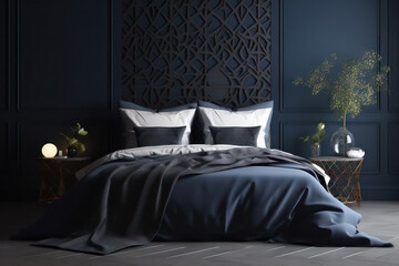 Luxurious Dark Bed and Blue Wall in Striking Bedroom Interior