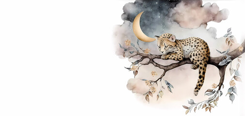 a leopard cub lies on a tree branch. Leopard moon, clouds and stars. watercolor. Baby wallpaper or book. nursery decor. Generative AI