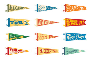Camping pennant flags, camp and tourism pendants - obrazy, fototapety, plakaty