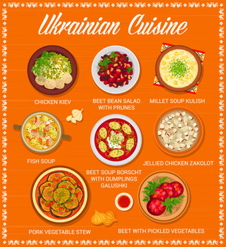 Ukrainian cuisine menu with food and dish meals