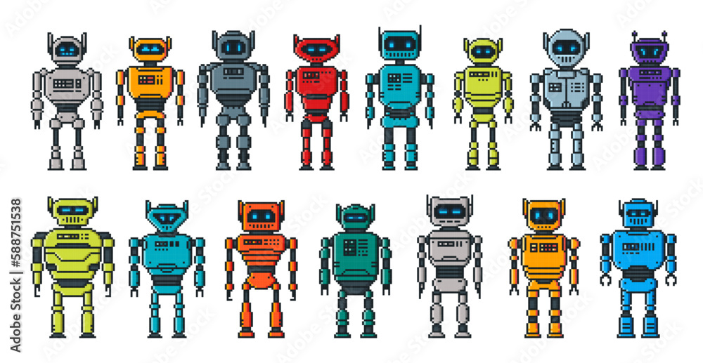 Poster pixel robot characters, cartoon android cyborgs