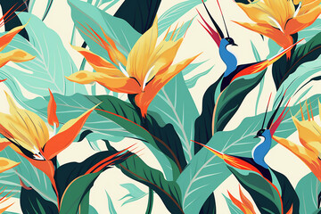 Floral pattern with Bird of Paradise flowers, watercolor wallpaper, generative ai