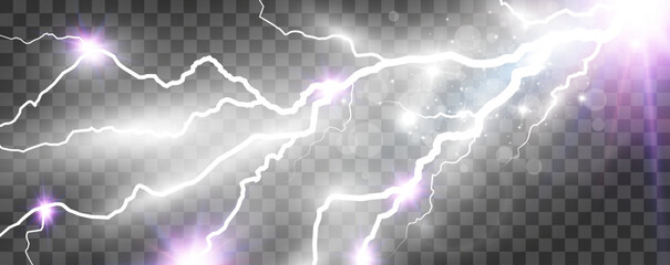 Vector image of realistic lightning. Flash of thunder on a transparent background.	
