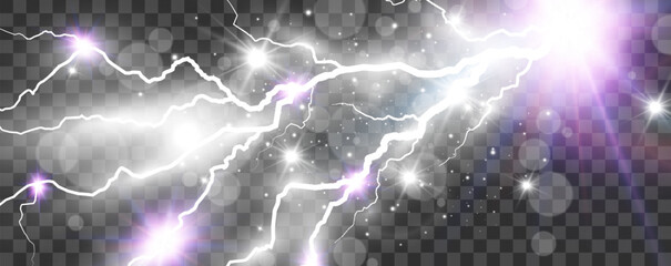 Vector image of realistic lightning. Flash of thunder on a transparent background.	
