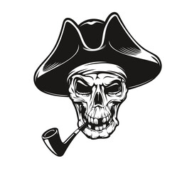 Pirate captain skull tattoo with pipe, tricorn hat