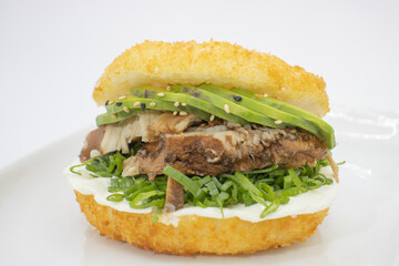 delicious sushi burger with meat, avocado and cream cheese