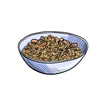 vector sketch of bowl with porridge and fruits and nuts, hand drawn illustration at white background