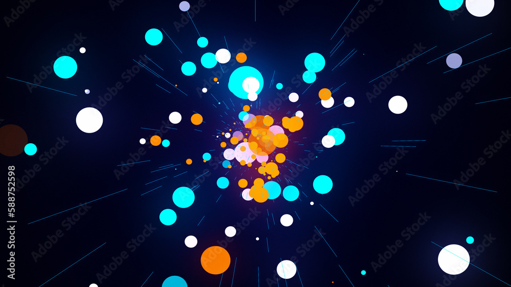 Poster flying colorful balls and lines in dark space. flying particles in empty space. dynamic shape.
