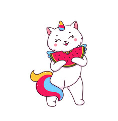 Cartoon cute caticorn character with watermelon