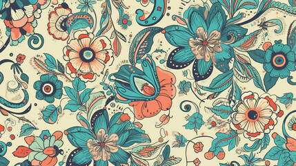 seamless pattern with flowers in blue and beige tones, generated by AI