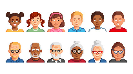 Avatar pixel characters of seniors and kids