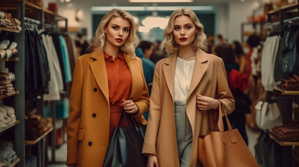 Fototapeta premium Two beautiful model girlfriends looking on the shopwindow while standing with shopping bags near the mall. Generative AI.