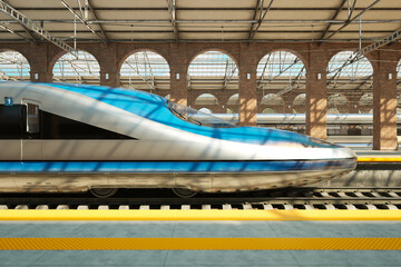 Side view of modern high-speed train at the classic station. Daylight.