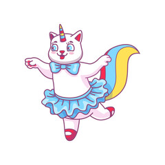 Cute cartoon caticorn dancing, funny cat unicorn