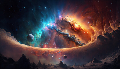 cosmic vista showcasing a vibrant galaxy teeming with radiant stars, orbiting planets, and advanced spaceships traversing the endless expanse © Anwar