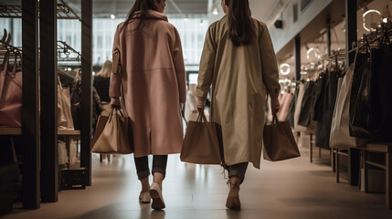  Close-up shot of two young women wearing trendy cloths holding shopping bags while walking in shopping mall. Generative AI.