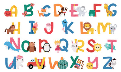English alphabet letters with cute animals, birds, food and objects. Funny ABC for kids. Children education. Kawaii cartoon characters. Vector illustration.