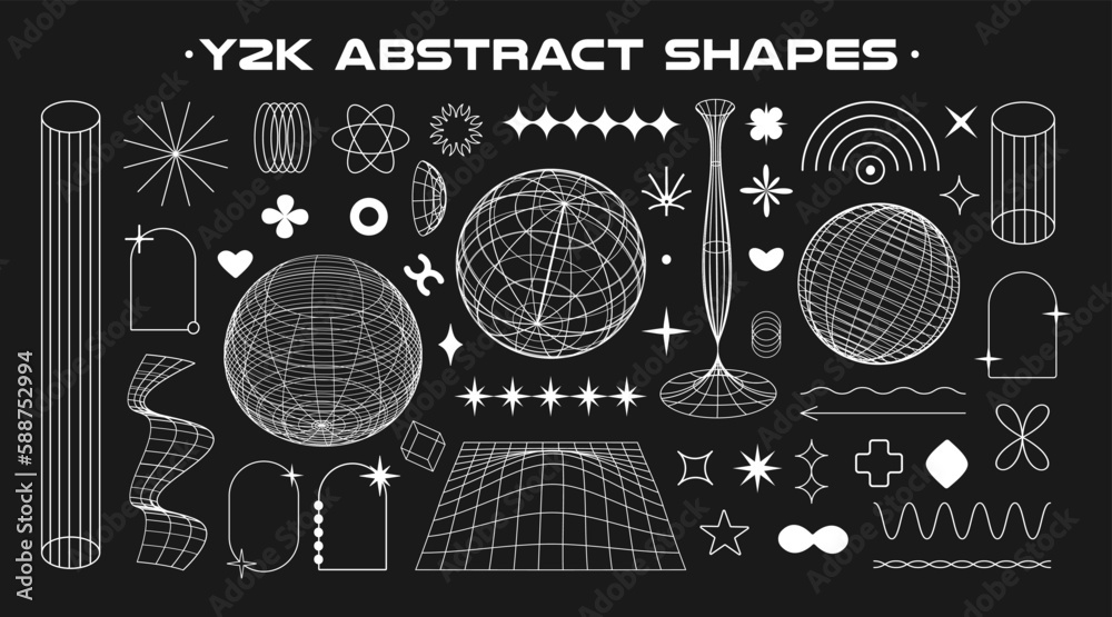 Poster Abstract aesthetic y2k geometric isolated elements and wireframe shapes. Vector line illustration on black background.