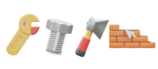 Adjustable Wrench, Bricks Wall, Bolt, Axe isolated transparans background