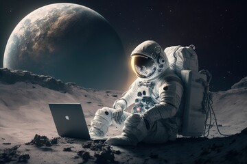 astronaut working with his laptop in space. Generative ai - obrazy, fototapety, plakaty