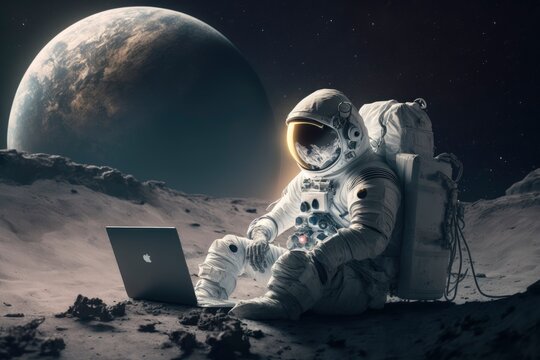 astronaut working with his laptop in space. Generative ai