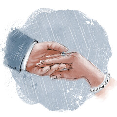The hand of the bride and groom on a blue background, wedding illustration. Hand-drawn wedding ceremony, newlyweds' hands in vintage style