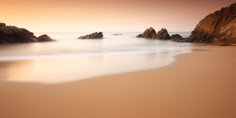 Fototapeta premium Tranquil beach at sunset with golden sand and calm waves using long exposure , generative art,