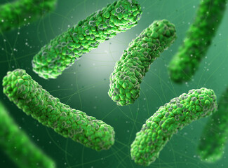 Medical background, bacteria facultative anaerobes, Salmonella, enterobacteria, rod-shaped, flagella over the entire surface, causative agent of salmonella infection, pathogen, 3D rendering
