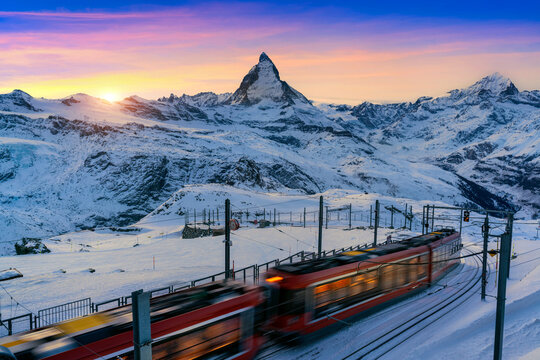 Matterhorn and swiss alps in Zermatt, Switzerland. Matterhorn at sunset.