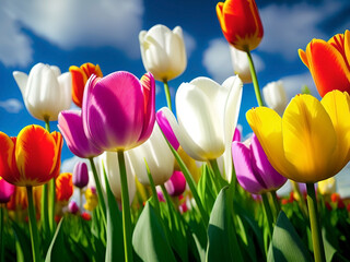 Colorful tulips in a tulip field against blue sky at spring day. Beautiful tulipanes flower for postcard design. AI generated.