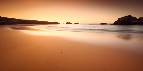 Naklejka premium Tranquil beach at sunset with golden sand and calm waves using long exposure , generative art,