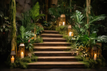 Fototapeta na wymiar Stairs Podium in Lush Tropical Forest Setting