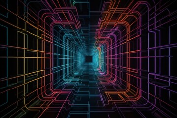 Illustration of a mesmerizing journey through a neon-lit tunnel towards the light at the end created with Generative AI technology